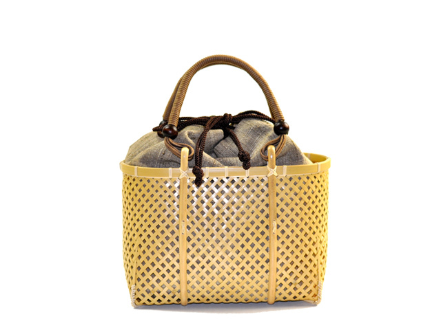 四ツ目編みバッグ ミニ/かごバッグ/竹籠/一点もの/巾着付き/女性/国産