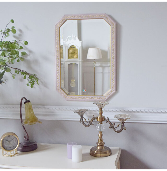 イタリア製 ウォールミラー(壁掛け鏡) ピンクリーフ 48×68cm｜おしゃれ