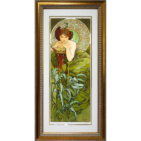 ☆ 版画 ミュシャ 「エメラルド：四つの宝石」 ピエゾグラフ 額入り