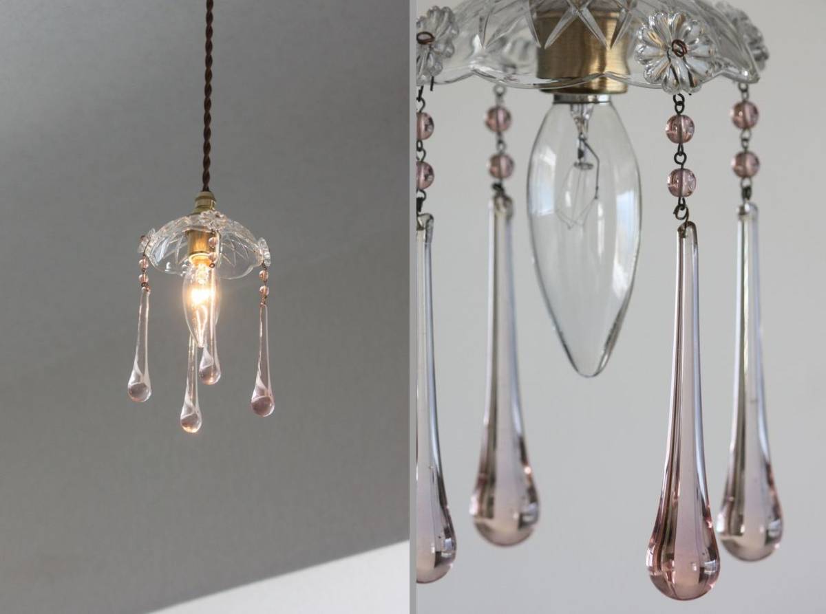 フランス ピンク ガラス ドロップ 小さなシャンデリア アンティーク吊