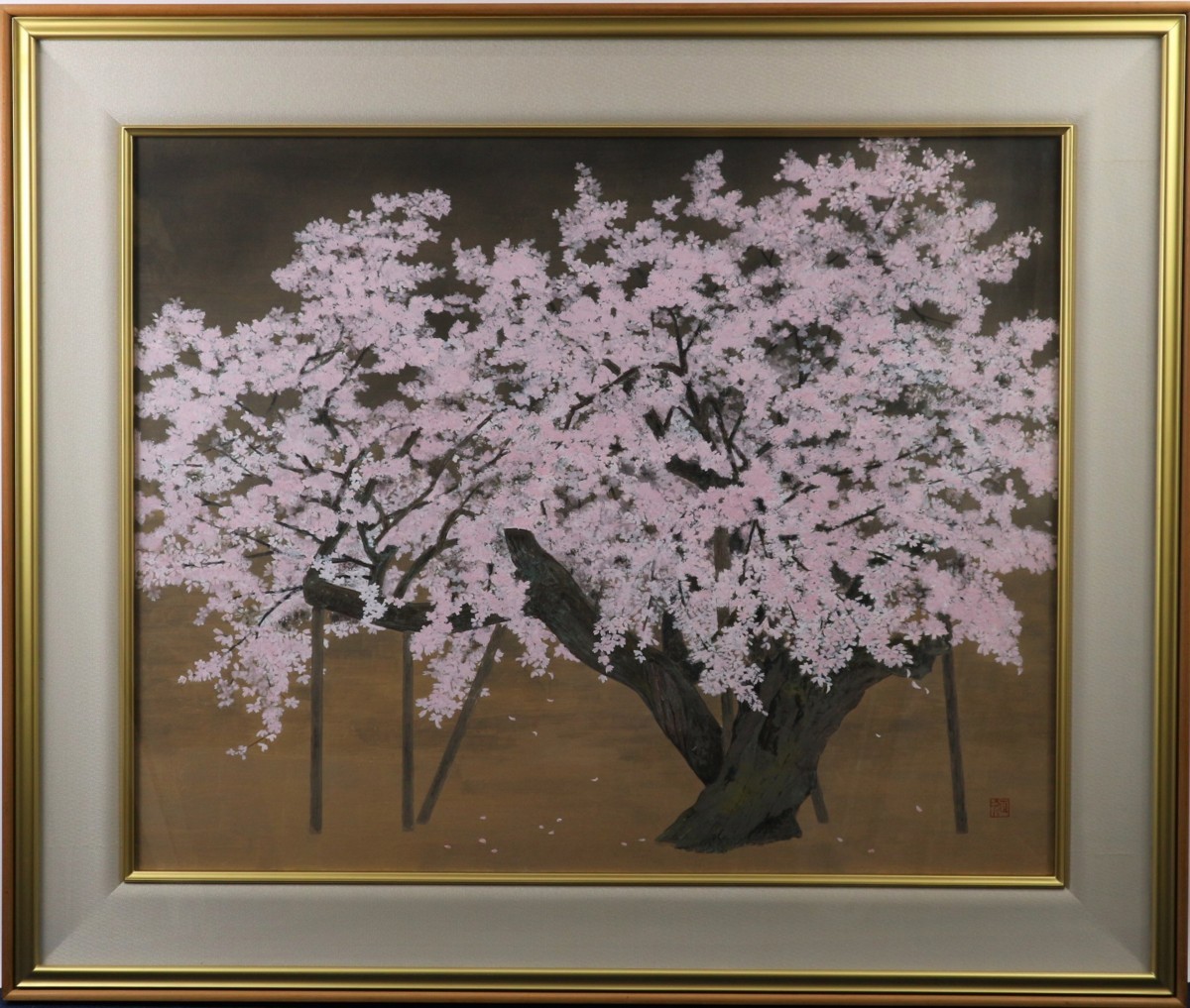 美品 佐々木経二「桜花」日本画 肉筆画 共シール有 署名・落款有り
