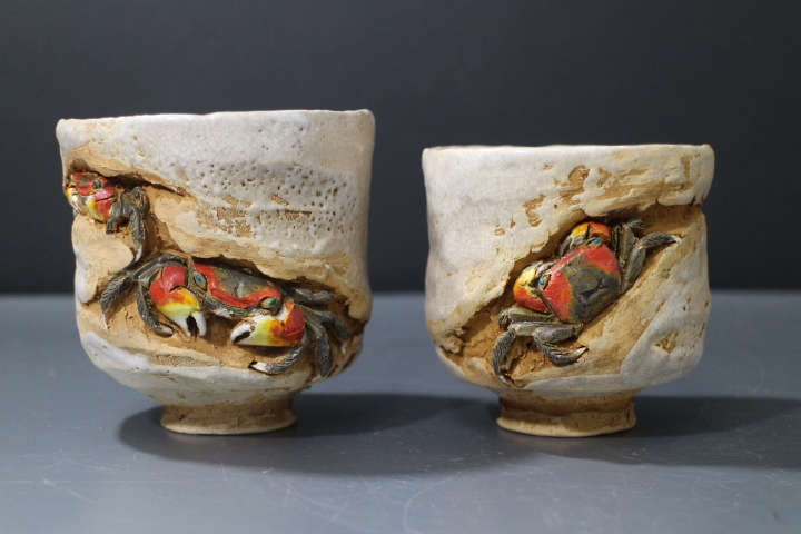 楽山焼 蟹 湯呑み 水月焼 骨董品 時代物 古い蟹 水月焼 楽山
