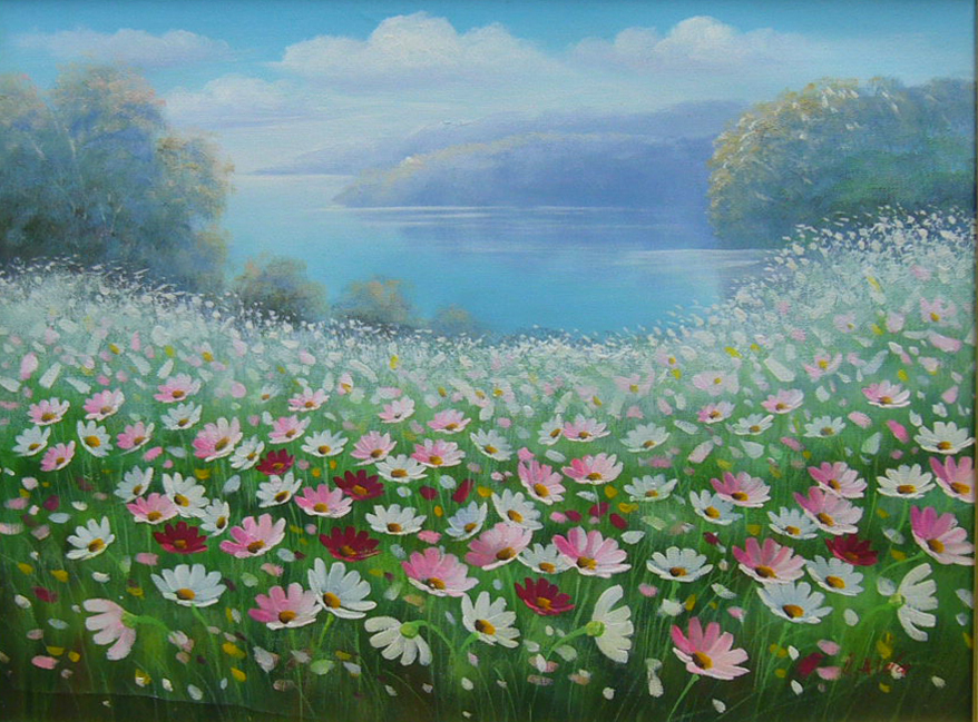 新品】絵画 相田 清 油絵 肉筆油絵 風景画 コスモス畑 送料無料の落札