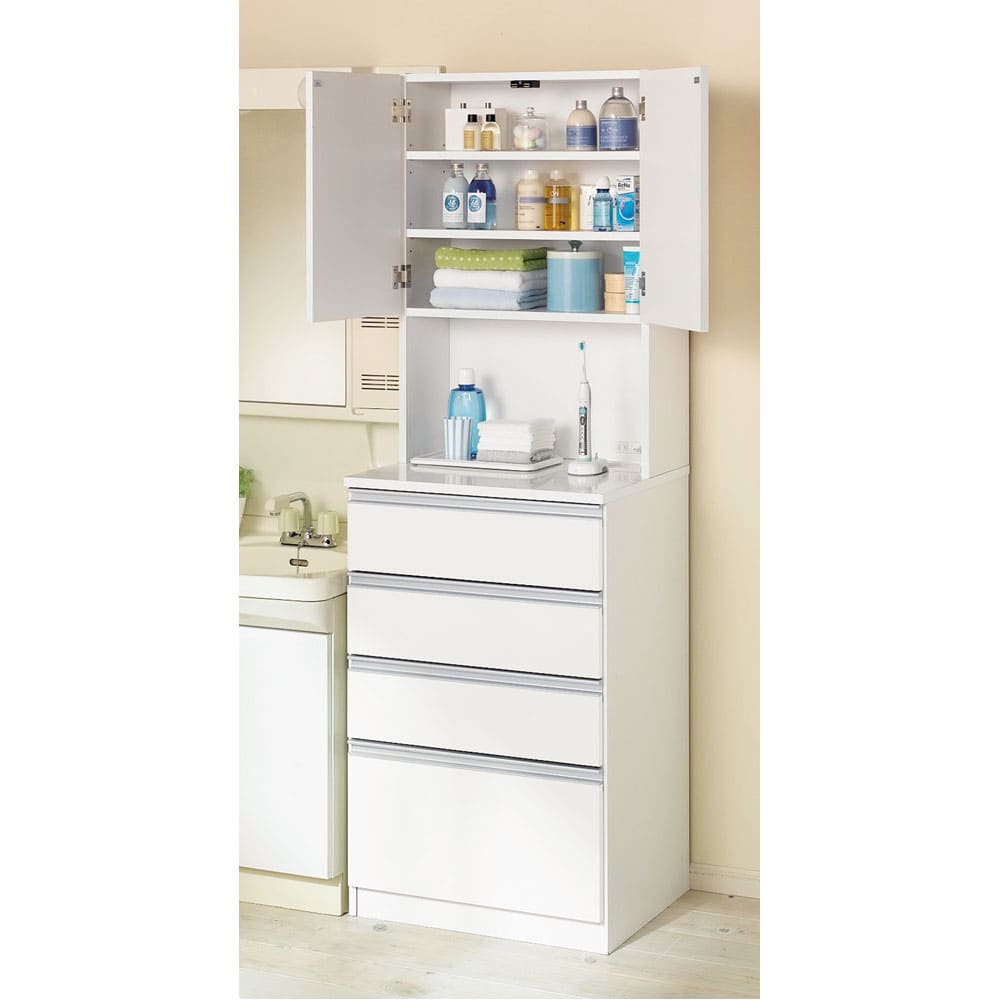 水回りでも安心の光沢洗面所チェスト 扉付きハイタイプ・幅59.5cm 通販