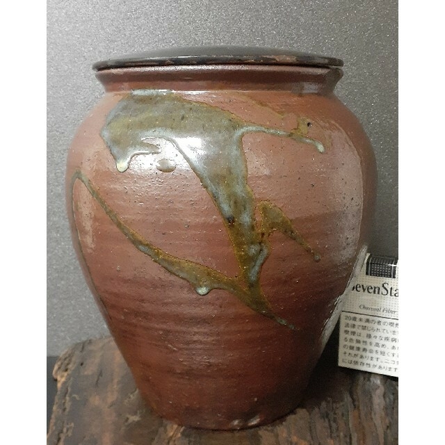 江戸時代中期頃 古丹波 流れ釉 茶壺 黒漆時代蓋付 大壺 花入れ 【端正