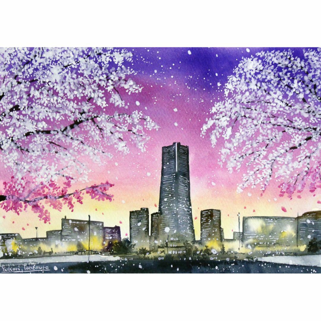 原画）横浜・みなとみらいの桜が見える風景5【水彩画】絵画 インテリア