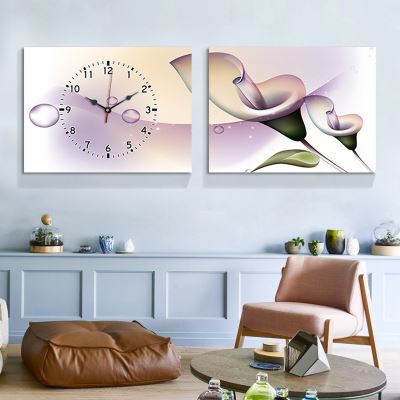 壁掛け時計 絵画時計 アート時計 静音 オシャレ 2枚パネル 紫色 百合
