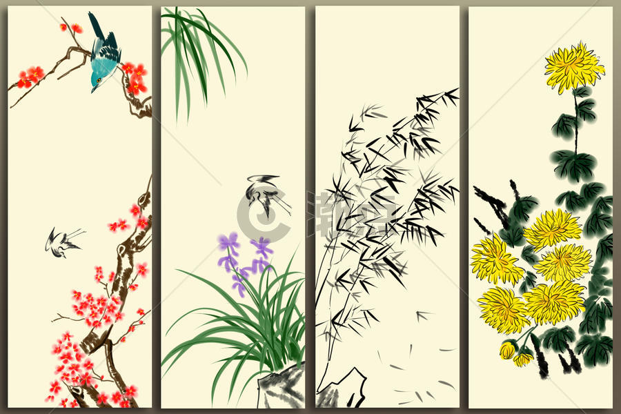 梅兰竹菊四幅写意国画psd格式模板视频素材下载_3310333103-潮点视频