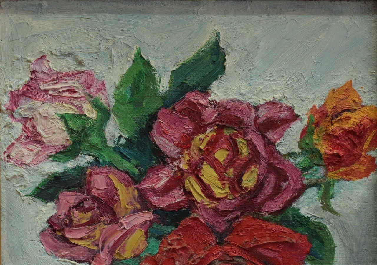 油彩 安宅乕雄「ボヘミアグラスの薔薇1966年」商品番号374 - 絵のある