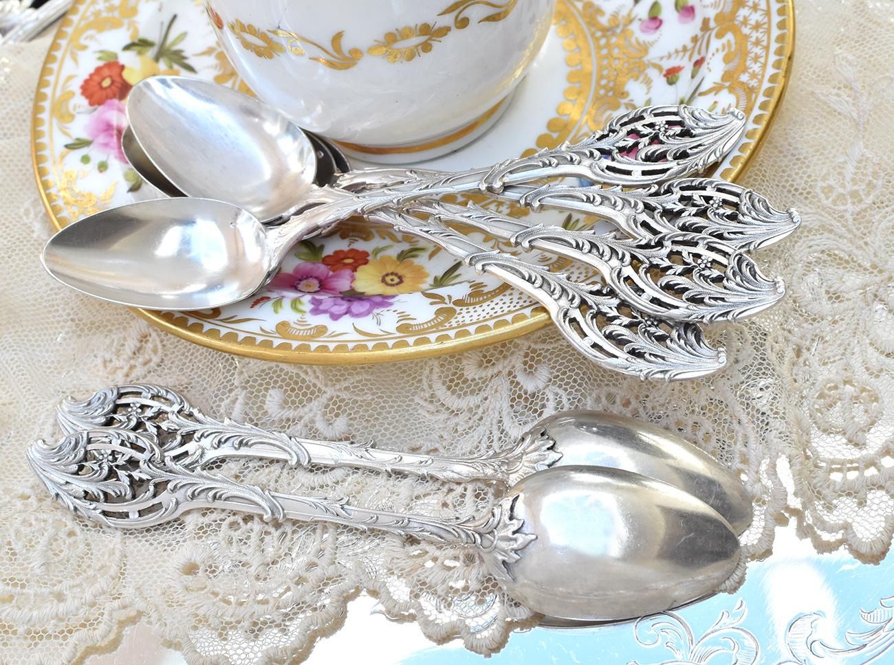 仏アンティーク銀器【銀800以上】透かしハンドルのティースプーン