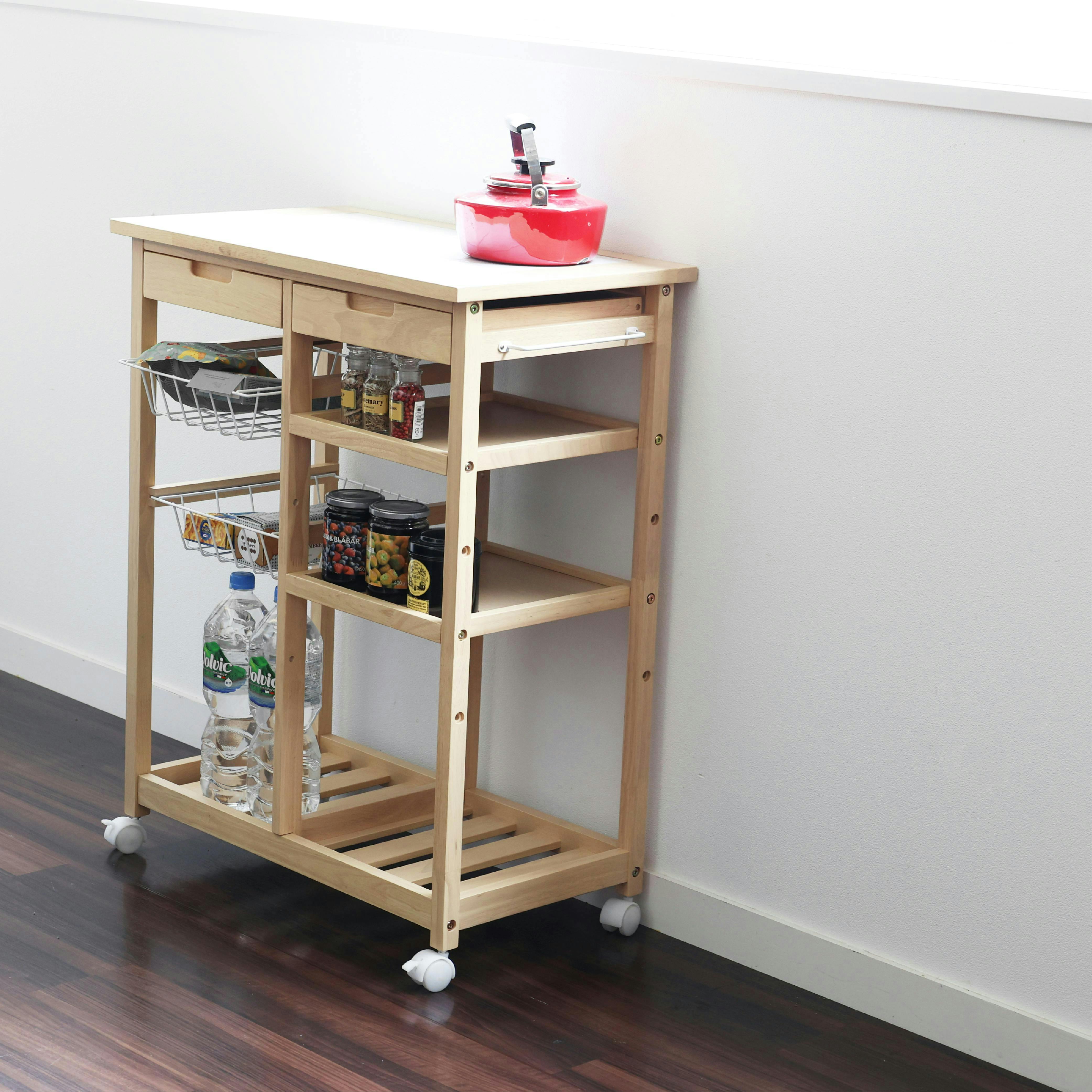 天然木×タイルが美しいキッチンワゴン Soup Basket Wagon ホワイト