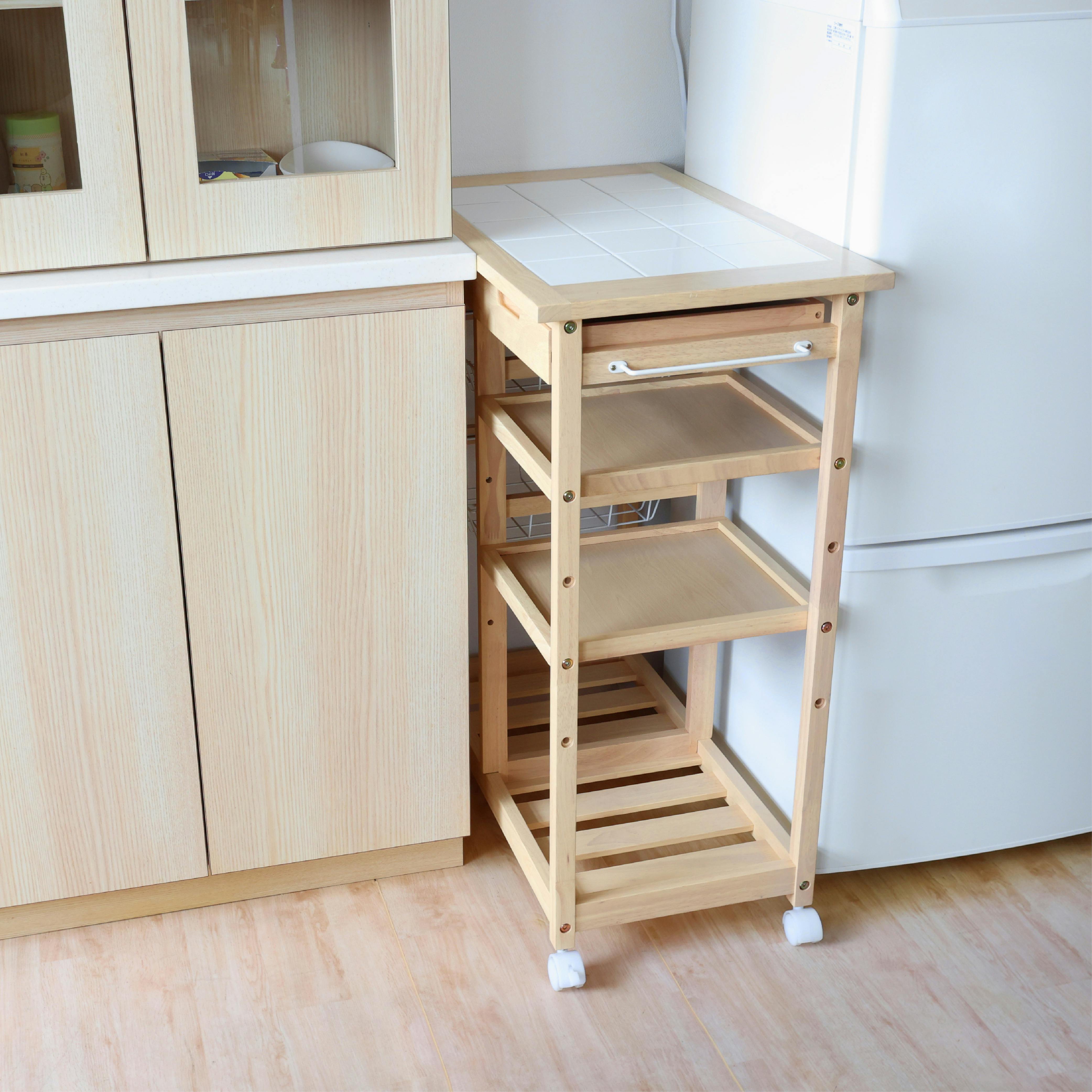 天然木×タイルが美しいキッチンワゴン Soup Basket Wagon ホワイト