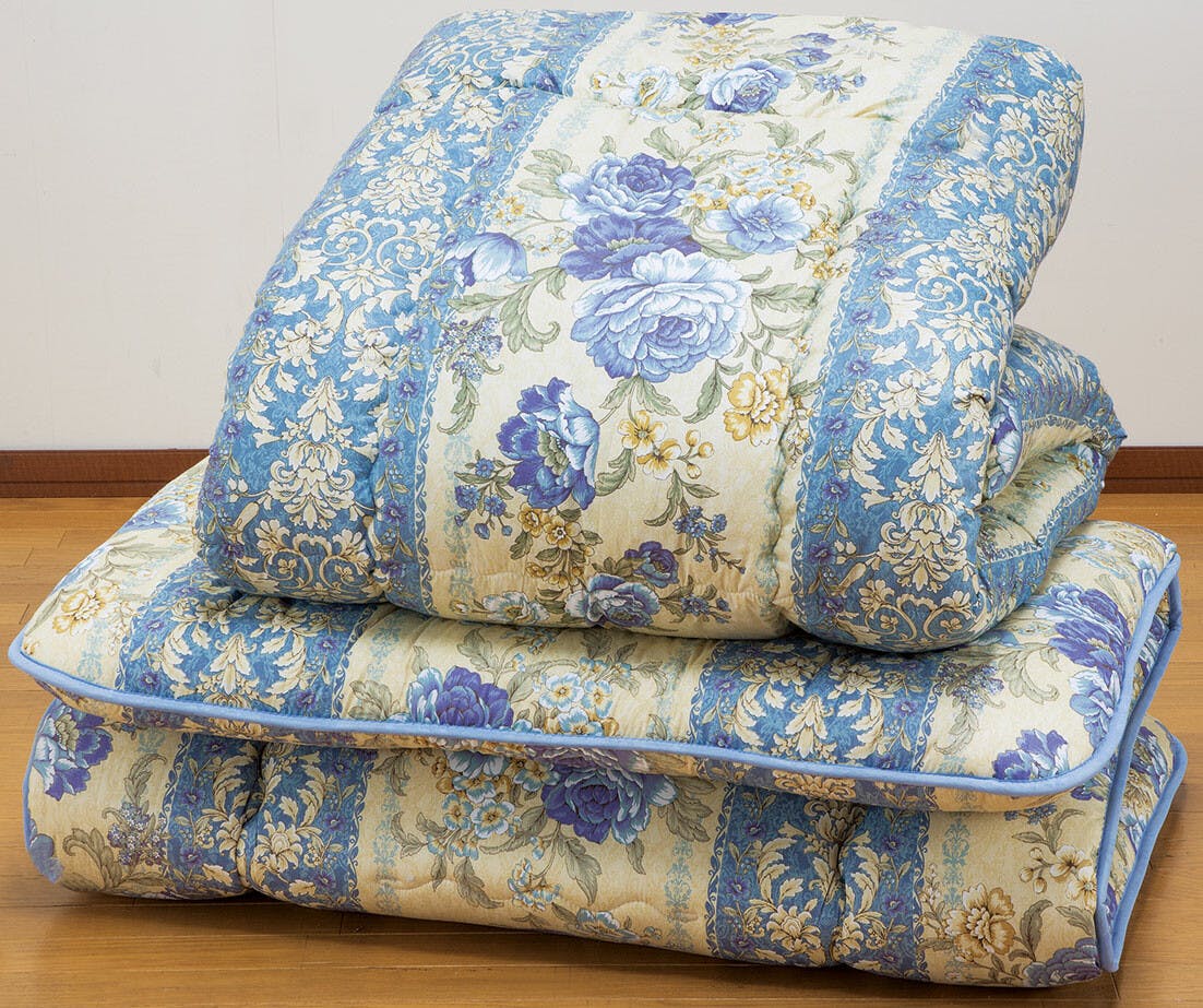 フランス産 羊毛混掛敷布団セット ダブル ブルー 【送料込み