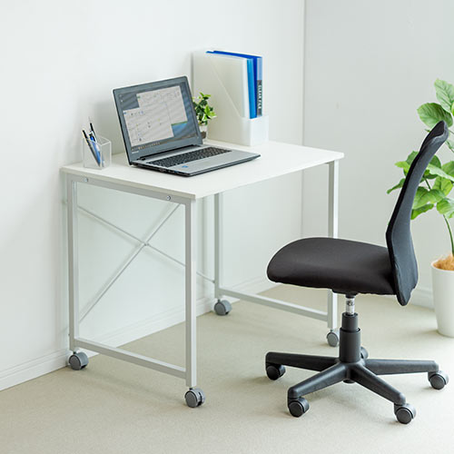 キャスター付きワークデスク 幅80cm 奥行60cm 高さ70cm ホワイト 100