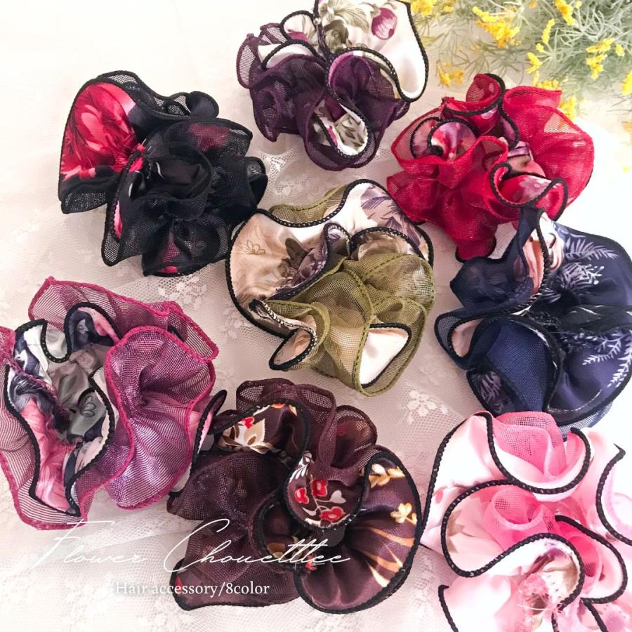 オーガンジー花柄シュシュ サテン ボリューム 薔薇 ローズ フラワー