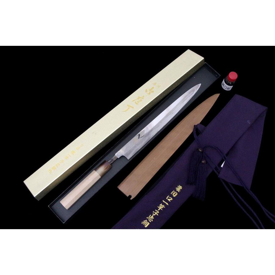 美品｜粟田口一竿子忠綱 銘刻印無し 柳刃包丁 水焼 尺 鏡面 朴柄 白鞘