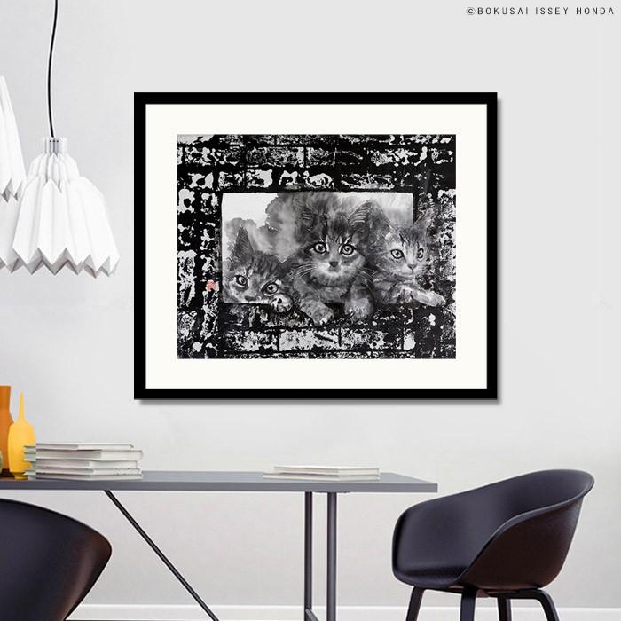 水墨画 猫「枠シリーズ1」インテリア 水墨 85cm×72cm 額入り 縦長