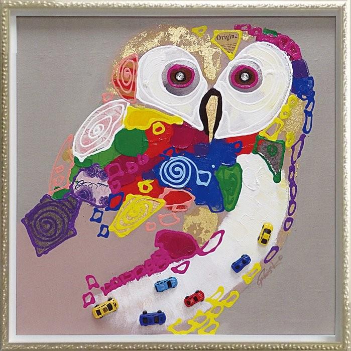 手描き油絵 オイル ペイント アート「カラフル オウル（Mサイズ