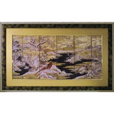 日本画 和風フレーム 赤い鳥と山水 5Lサイズ 絵画 壁掛け 壁飾り