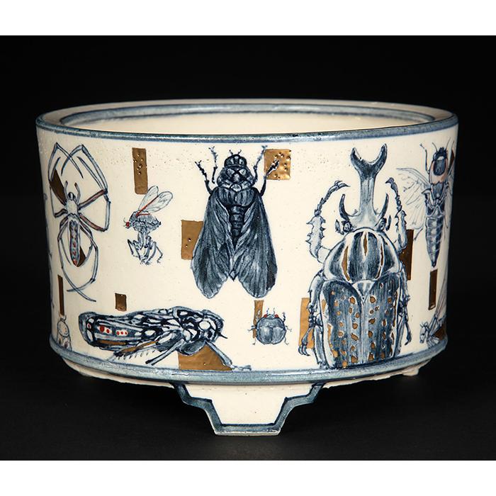 七代渋草柳造染付昆虫図丸鉢 盆栽鉢 鉢 植木鉢 盆器 作家鉢 bonsaipot