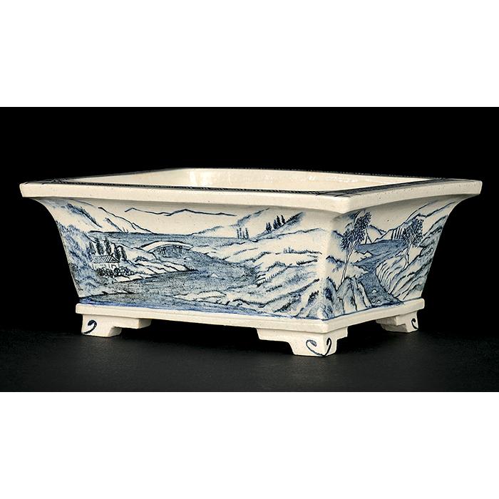 盆栽鉢 「高山染付山水図長方鉢」 植木鉢 絵付鉢 作家鉢 磁器 呉須 4号