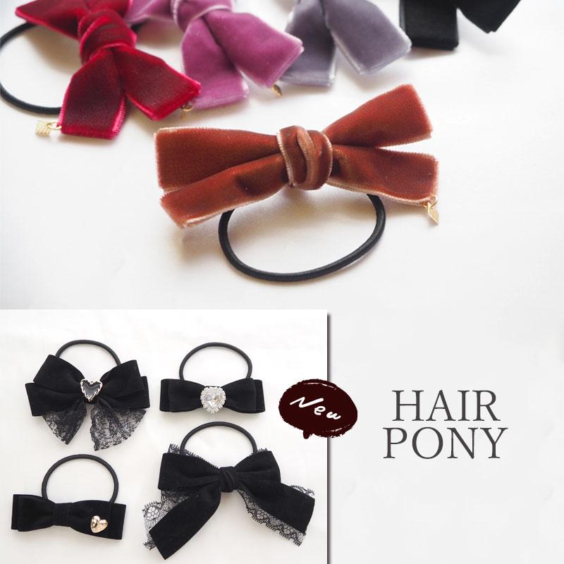 BLAZE ヘアゴム ベロア リボン シンプル チャーム付き ブラック グレー