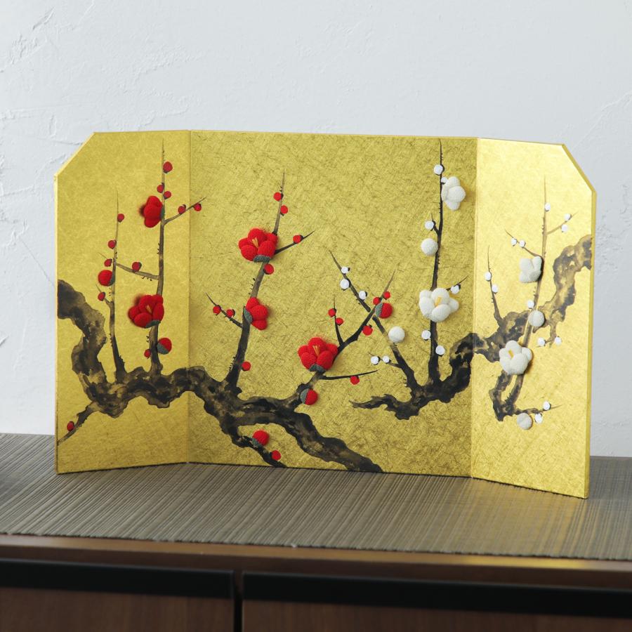屏風 紅梅図 金屏風 縁起物 置物 正月飾り オブジェ ディスプレイ