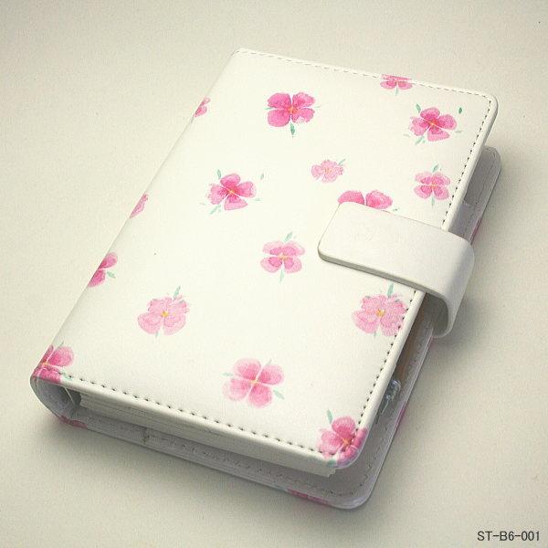 白い革にピンクの花模様のシステム手帳 おしゃれ バイブルサイズ