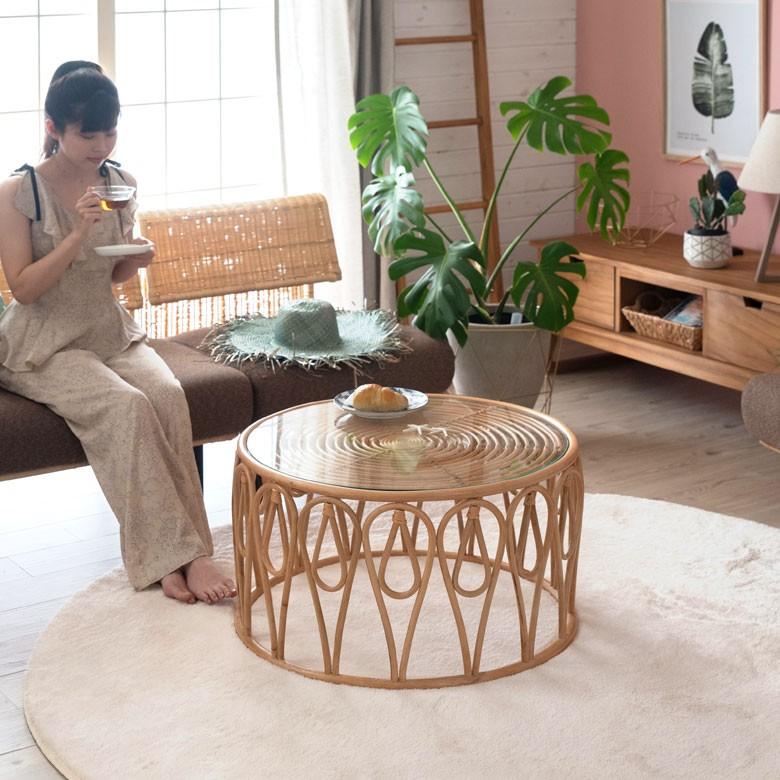 ELEMENTS センターテーブル ローテーブル ラタン 籐 ガラス天板