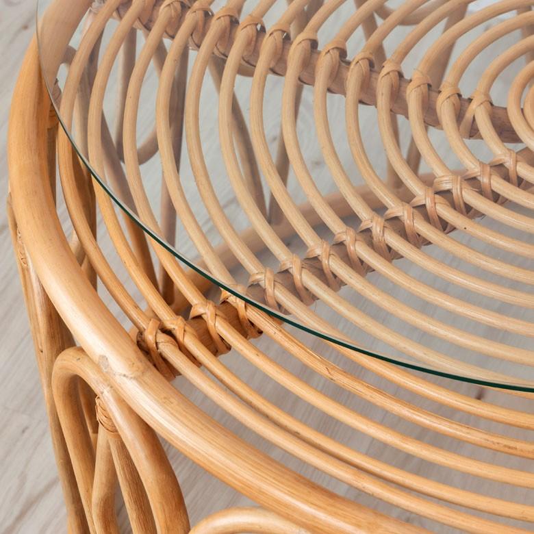 ELEMENTS センターテーブル ローテーブル ラタン 籐 ガラス天板