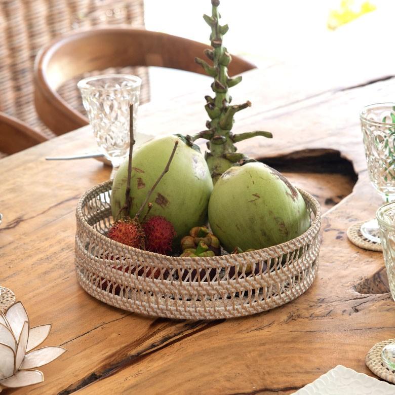 ELEMENTS トレイ ラタン製 円形 かごバスケット デコレーショントレイ
