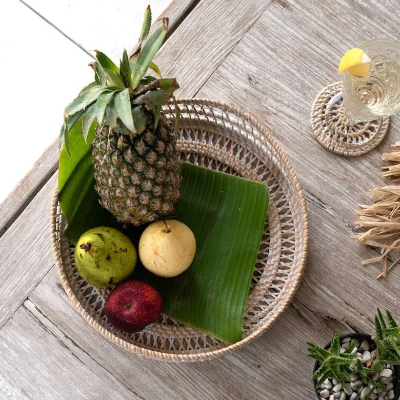 ELEMENTS トレイ ラタン製 円形 かごバスケット デコレーショントレイ