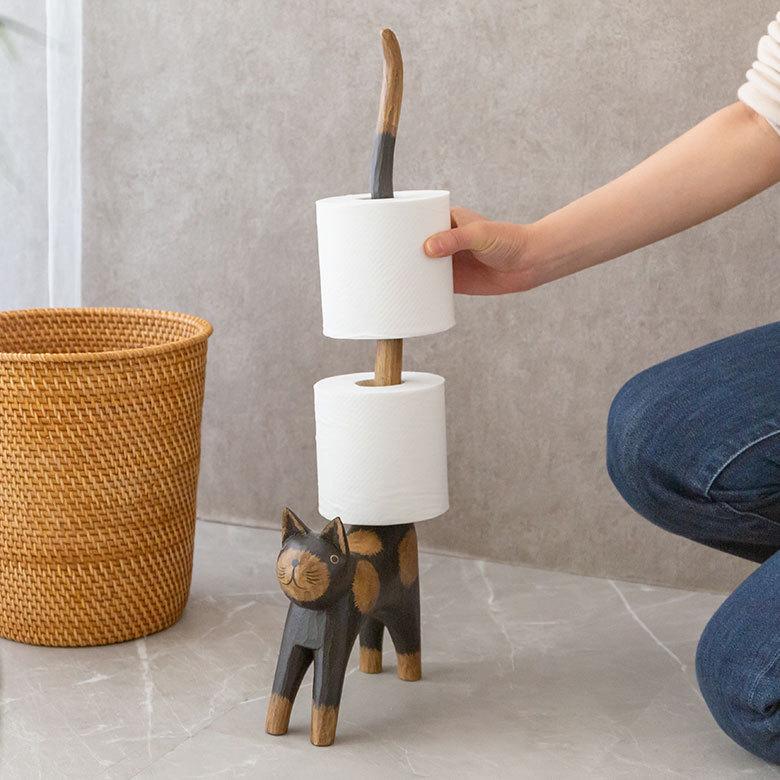 トイレットペーパーホルダー バリ ネコ 猫 置物 天然木 木彫り