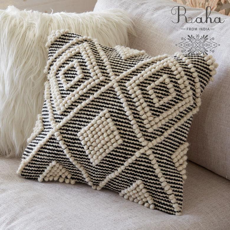 クッションカバー インド グレー モノトーン 幾何柄 ダイヤ柄 Raha