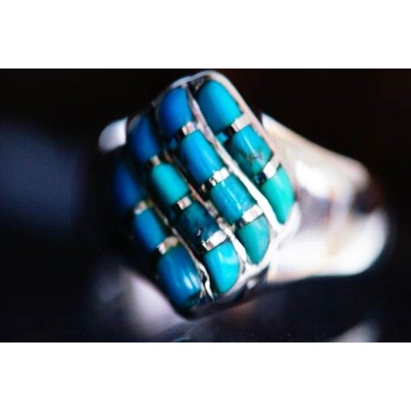 Indian Jewelry 天然石 ターコイズ インレイ装飾 ダイヤ型デザイン