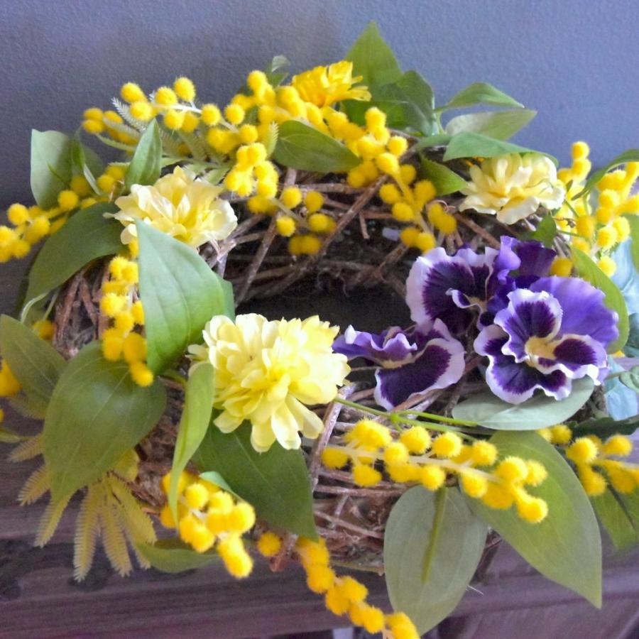 リース 玄関 ミモザ パンジー ビオラ 春 ミモザのリース 30cm ギフト