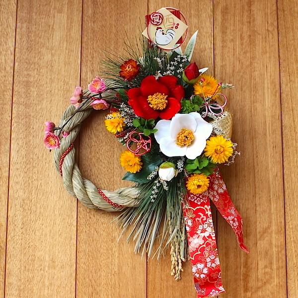 お楽しみ○紅白椿しめ縄飾り○ しめ縄リース おしゃれ しめ縄飾り