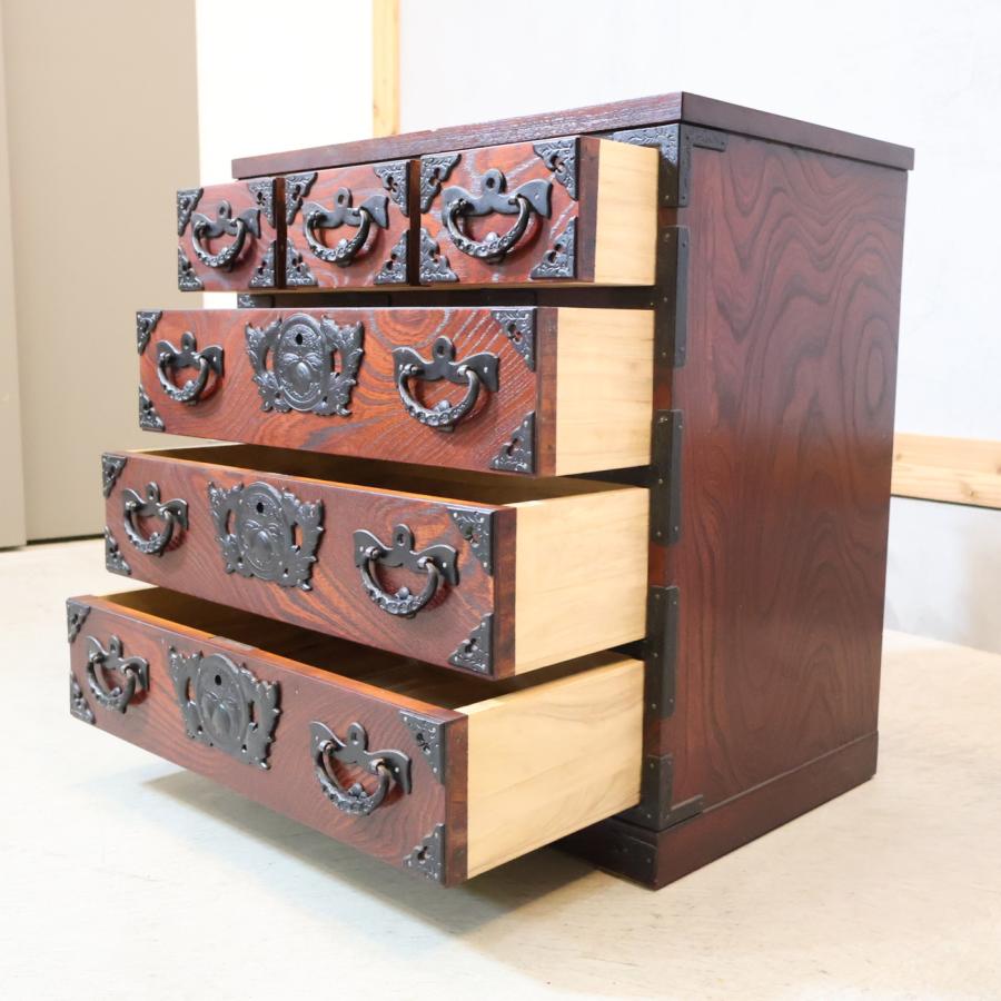 岩谷堂箪笥 欅材 漆塗り 4段チェスト 牡丹模様 南部鉄器 6杯整理タンス