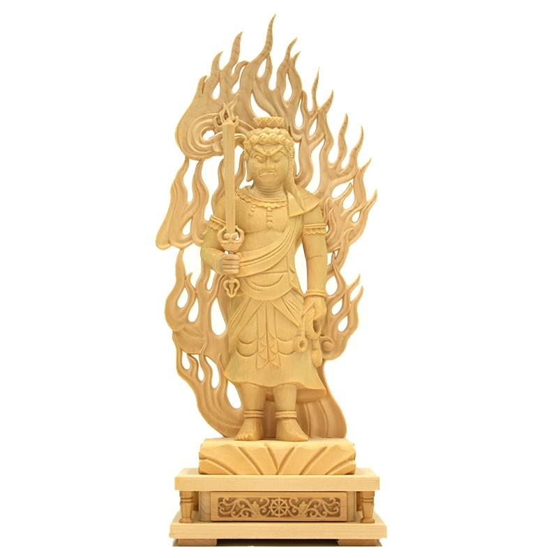 木彫り仏像 【不動明王立像】 桧木 火炎光背四角台 立5.0寸 お守り本尊