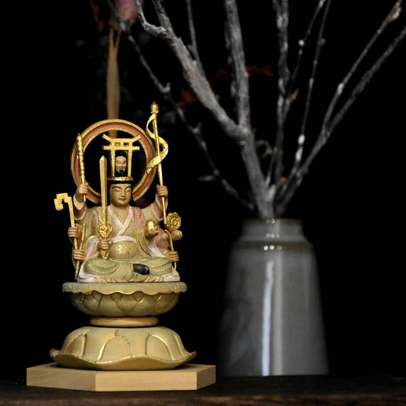 木彫り仏像 小仏-【宇賀八臂弁財天（弁才天）】柘植 淡彩色 : 海宇工芸