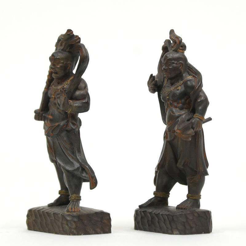 木彫り仏像-小仏 【仁王像(金剛力士)】立像セット 柘植（つげ） 古美色