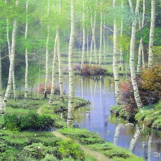 絵画 油絵 白樺林 F30号 （早瀬遼） 【肉筆】【油絵】【日本の風景