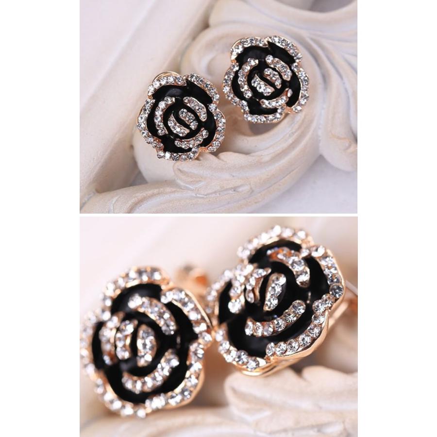 イヤリング 黒薔薇 バラ ブラックローズ 花 フラワー ラインストーン