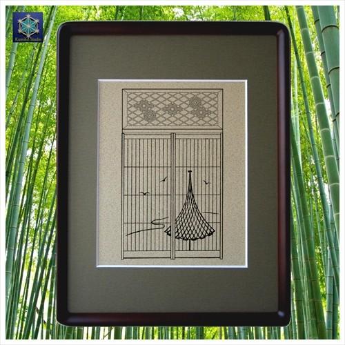 組子細工欄間入り書院障子影絵100選 No.2 干網に鳥 : くみこスタジオ