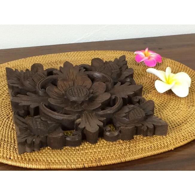 木製 彫刻 レリーフ 14×14 花 バリ彫刻 インテリア アート 植物