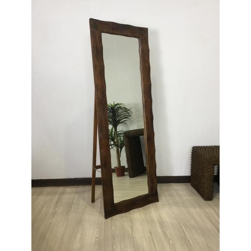 スタンドミラー 鏡 姿見 波型 スタンド付 木製フレーム アジアン家具