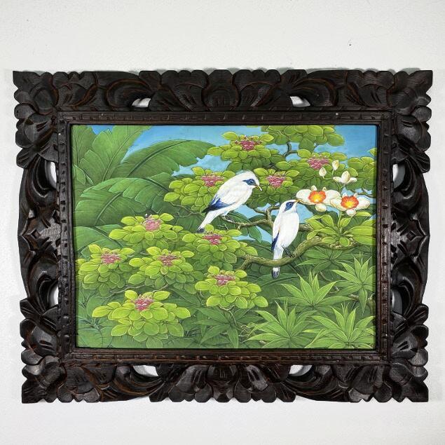 バリ絵画 ブンゴセカン 鳥の絵 鳥と花 W53×H43cm (1490) 花鳥風月 バリ