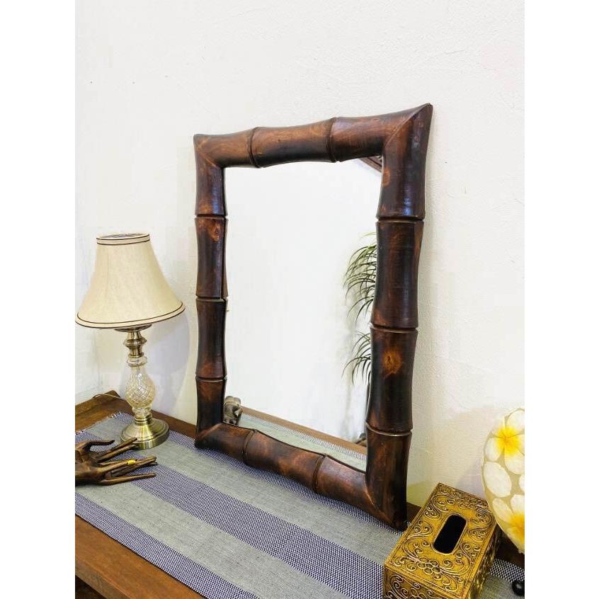 壁掛け鏡 アジアンミラー 木枠バンブー柄 木製 H75 W55 インテリア