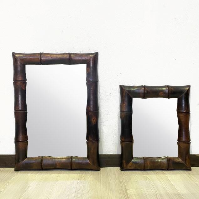 壁掛け鏡 アジアンミラー 木枠バンブー柄 木製 H75 W55 インテリア