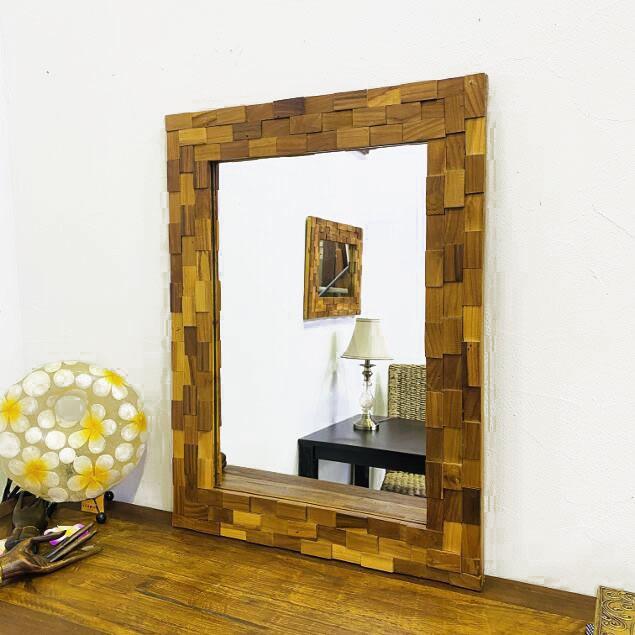 壁掛け鏡 アジアンミラー ウッドタイル フレーム H80 W60 壁掛けミラー